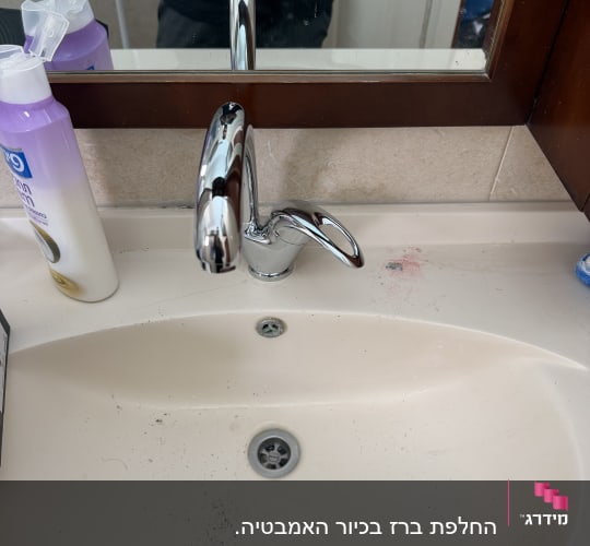 כיור עם ברז כרום ומוצרי ניקוי